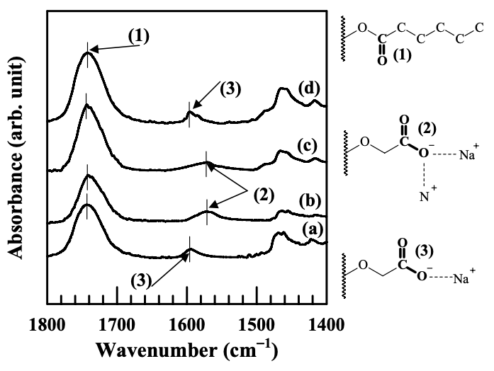 Figure 6.10. FTIR spectra at carboxyl group stretching region for: (a) (AS-LF)/EVOH blend; (b) (AS-LF)/EVOH/Cloisite 30B nanocomposite; (c) (AS-LF)/EVOH/Cloisite 15A nanocomposite; and (d) (AS-LF)/EVOH/MMT nanocomposite.